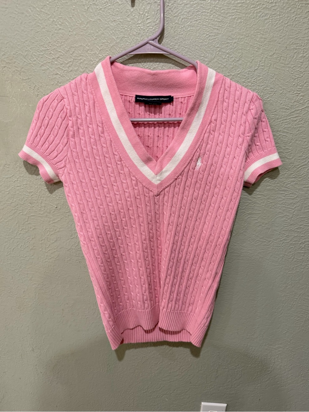 Ralph Lauren Pink Cable-Knit V-Neck Short Sleeve Sweater with White Trim